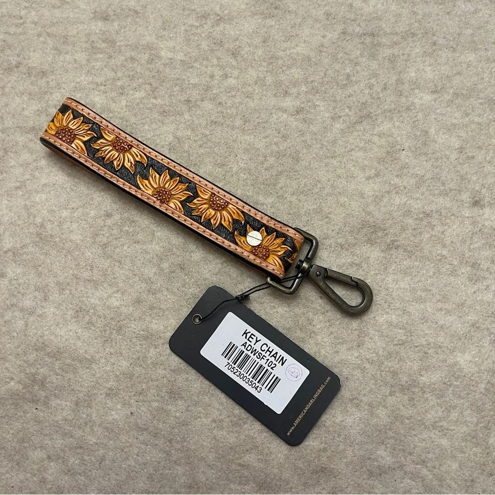 American Darling ADWSF102 Sunflower Tooled Genuine Leather Keychain Wristlet New